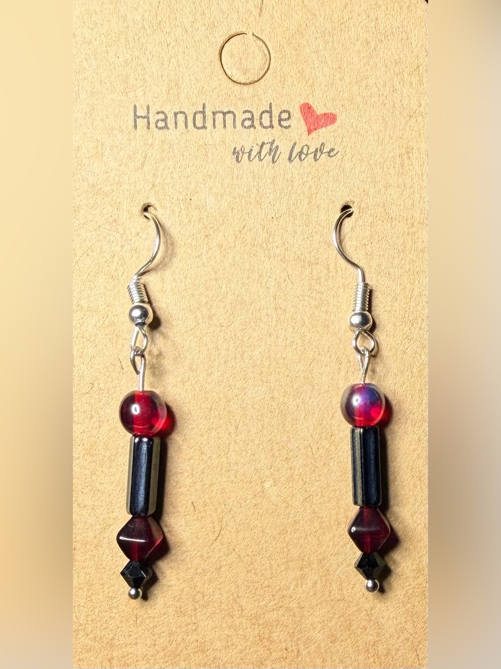 Handmade Red Bead Drop Earrings with Silver Hooks
